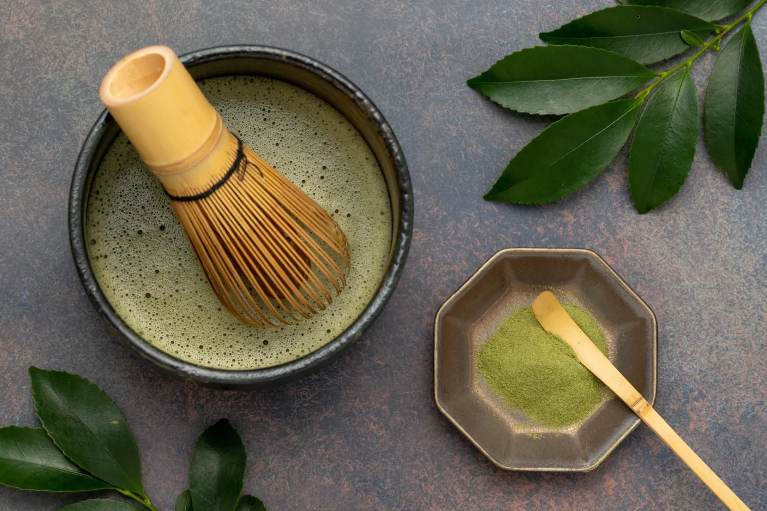 Japanese matcha preparation with bamboo whisk using soft water for smooth taste