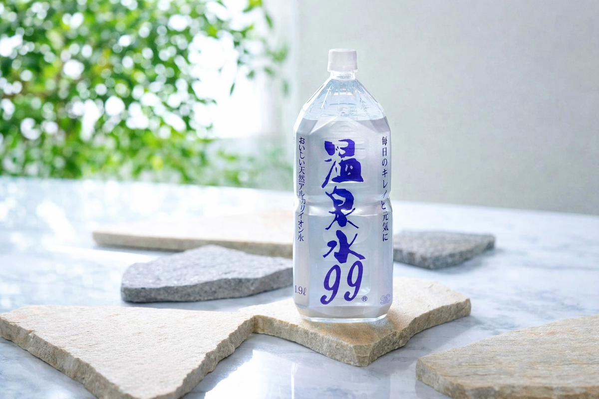 温泉水99のボトルとコップが朝日を受けて輝くイメージ。