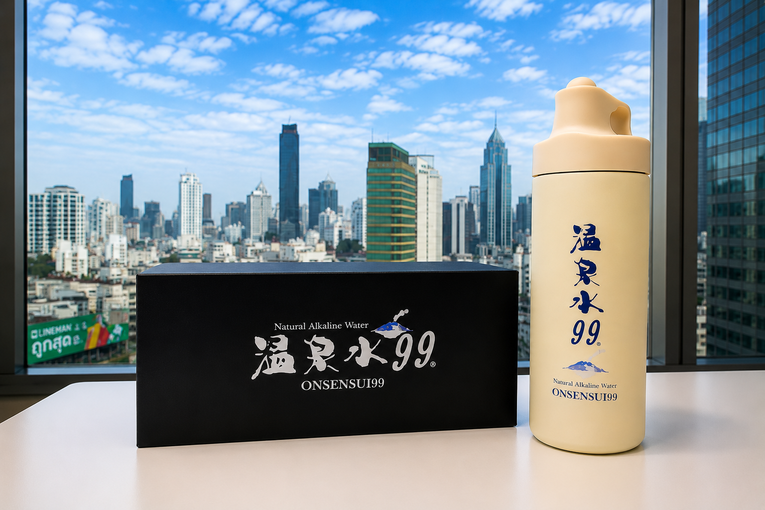 ONSENSUI99 original stainless bottle with premium gift box and Bangkok skyline
