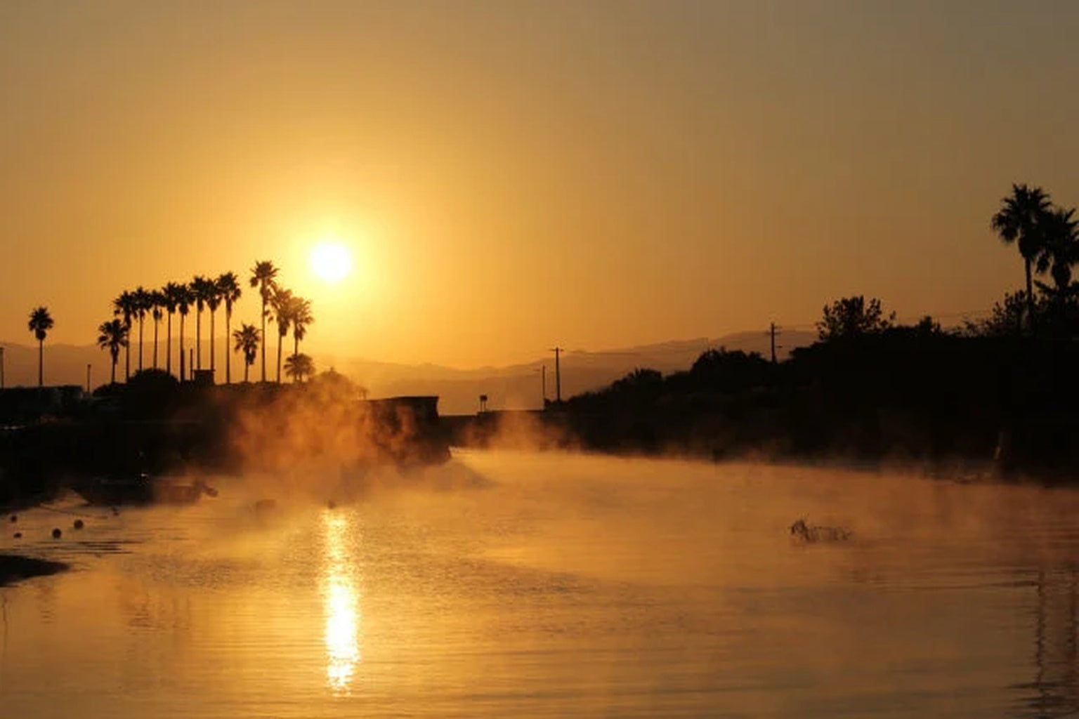 朝日と湯けむりが立ち上る温泉の風景|温泉水99が生まれる癒しの自然