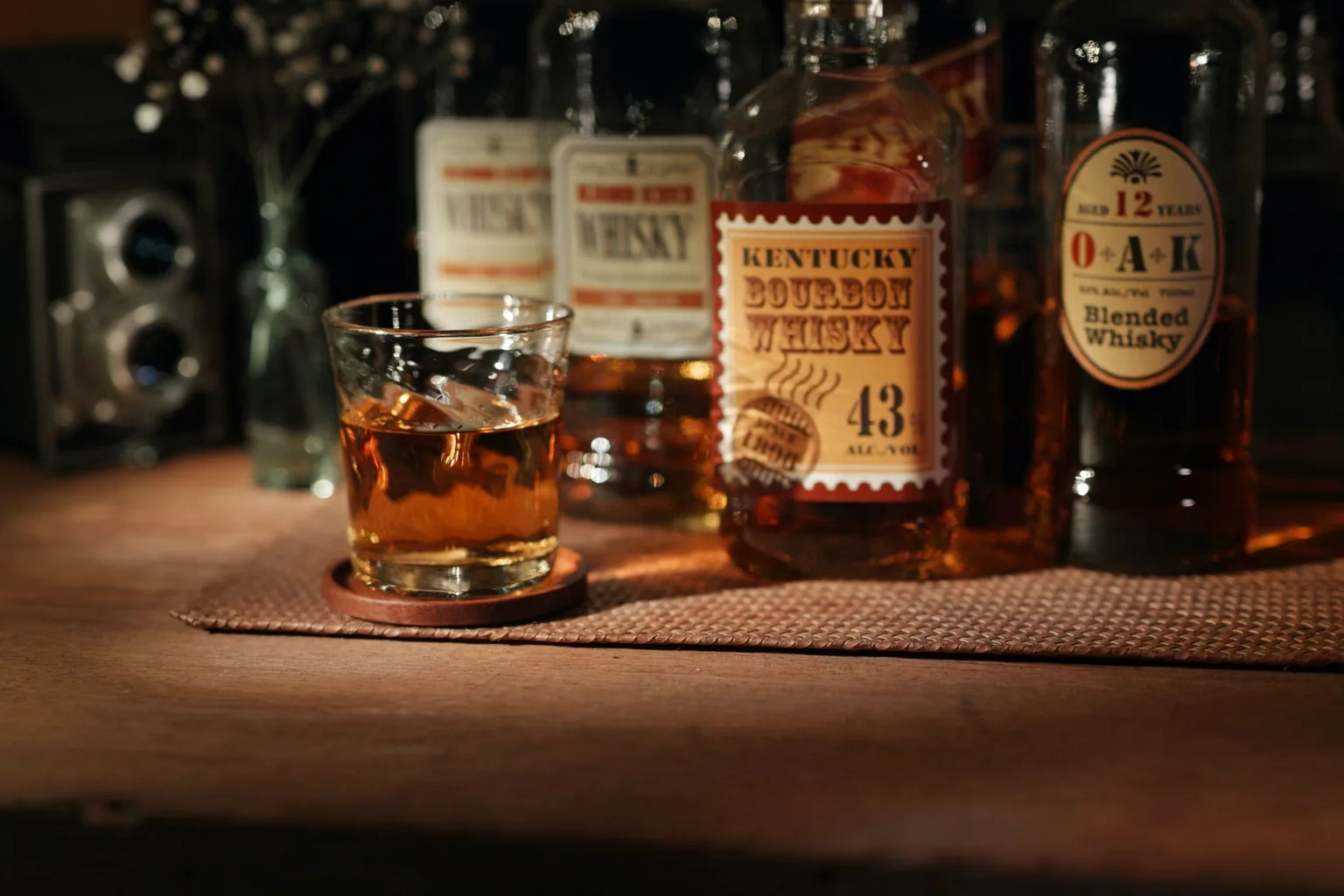 Bourbon whisky served in a classic glass showcasing rich amber color and aroma