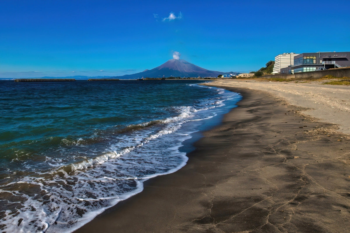 Coastal view of Sakurajima and the blue sea in Kagoshima