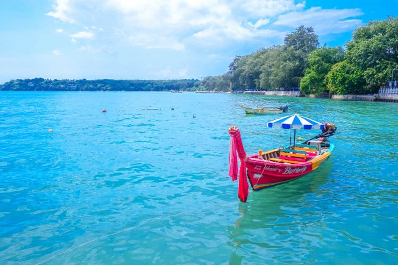 透き通る青い海に浮かぶカラフルなロングテールボート。プーケットの穏やかな海と南国の空の風景